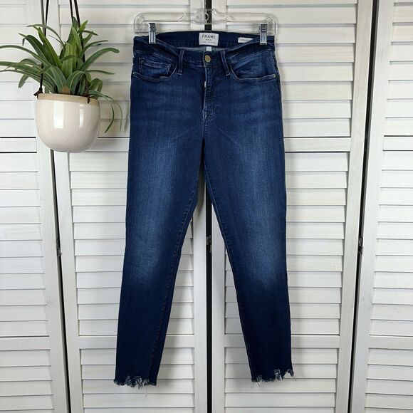 FRAME Denim Le Skinny de Jeanne Shelby Jeans Raw Hem Stretch Dark Pants Size 30 - Picture 1 of 10